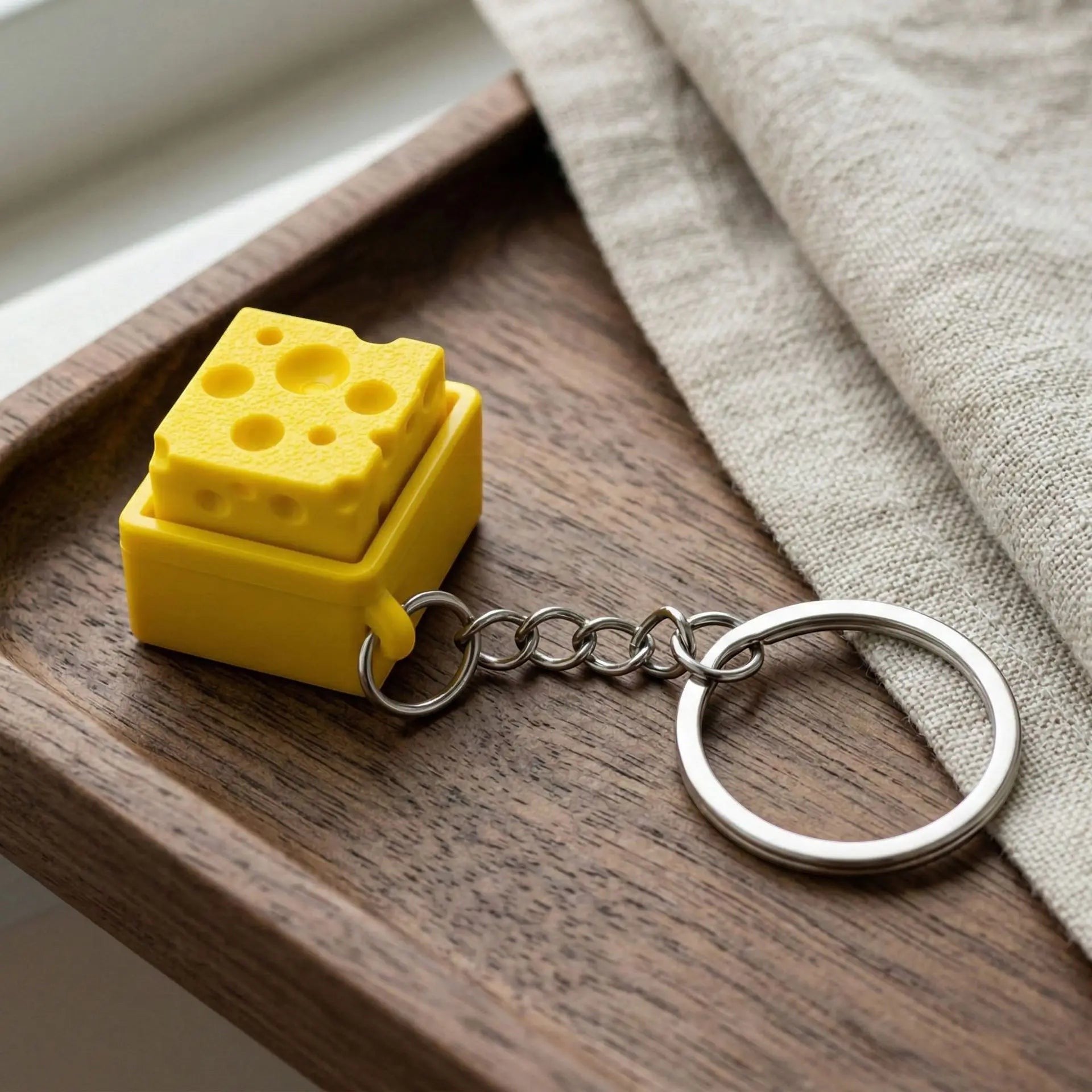 zero2cart yellow cheese-shaped fidget clicker keychain on a wooden tray with a linen cloth