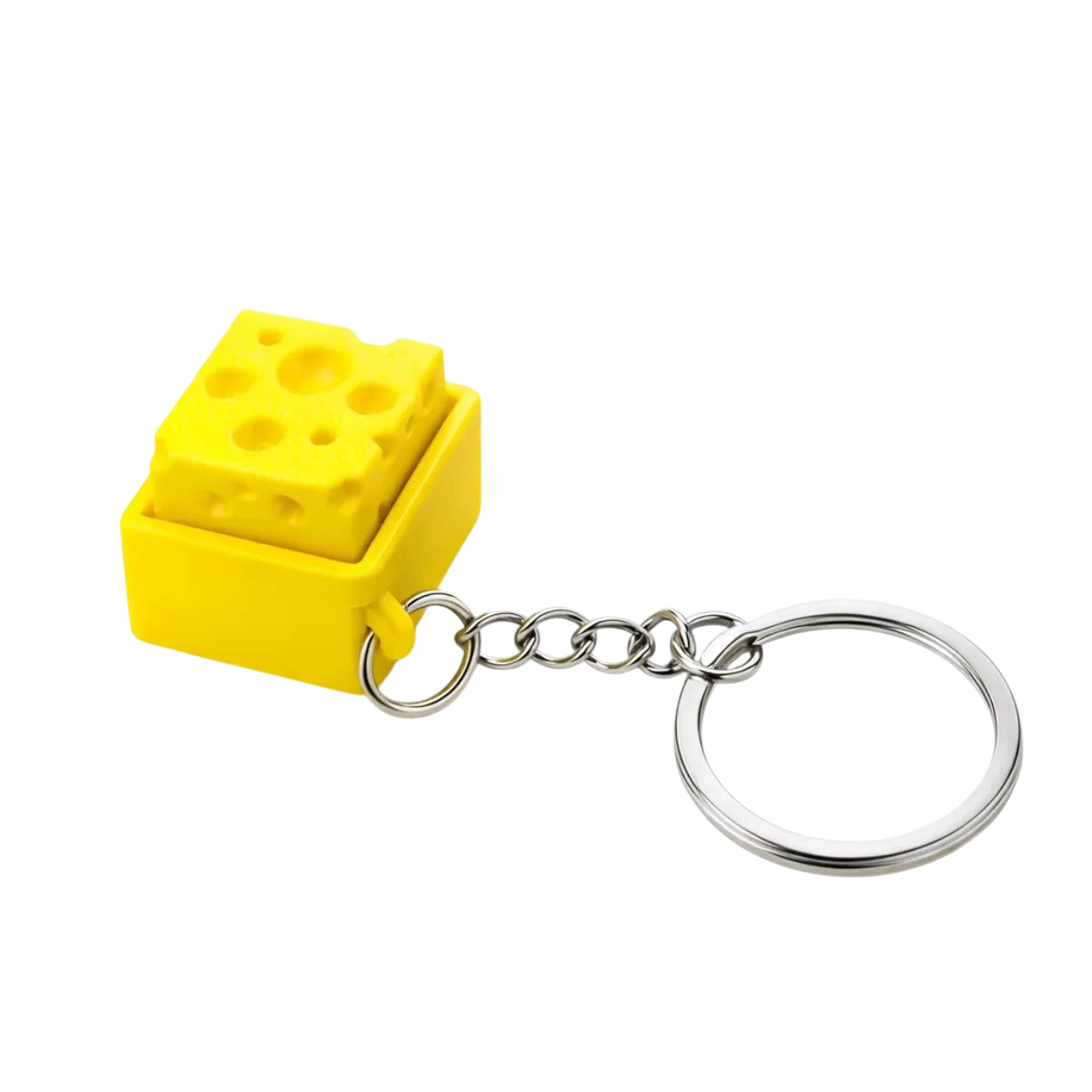 zero2cart yellow cheese-shaped fidget clicker keychain with a satisfying tactile keyboard keycap design