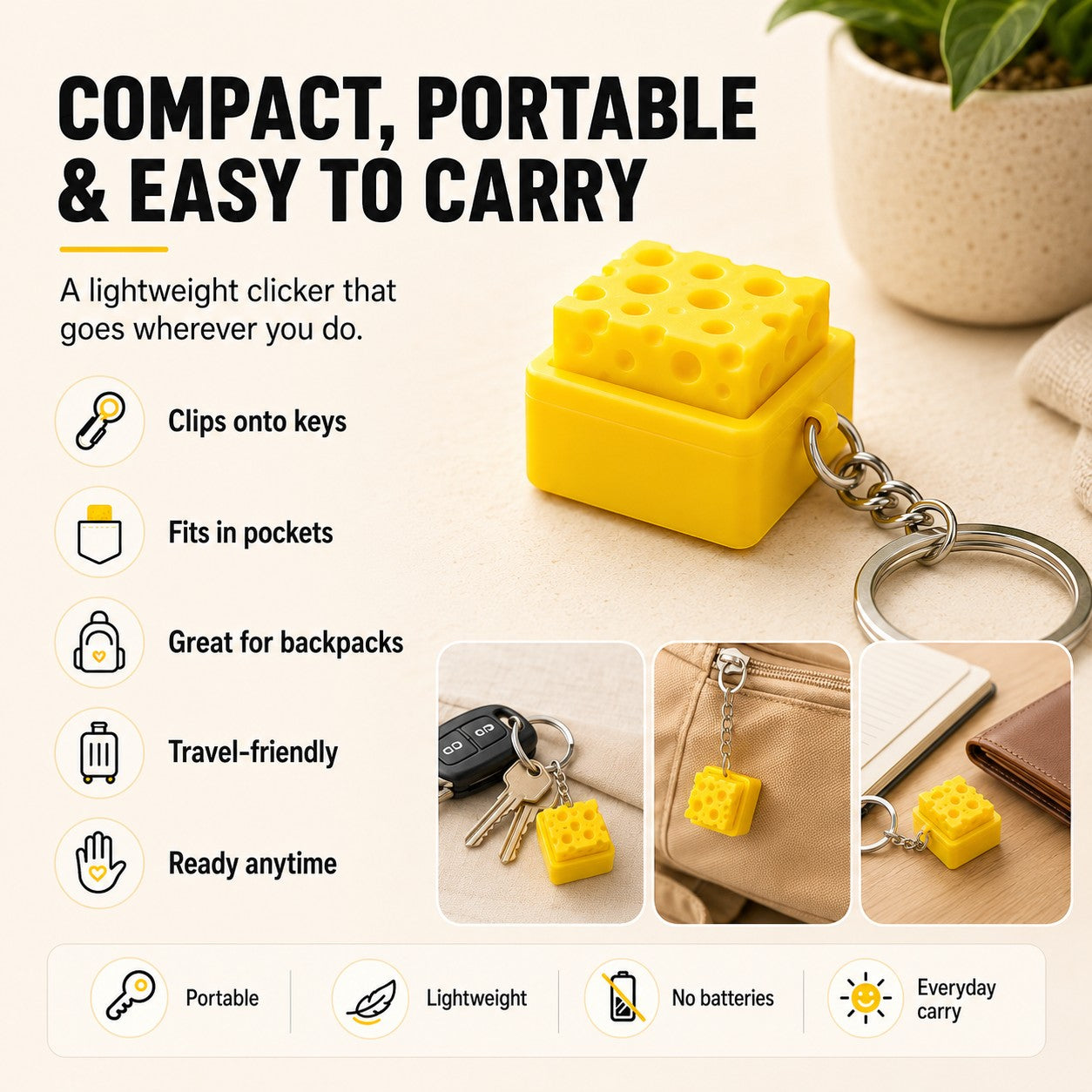 zero2cart yellow cheese fidget clicker keychain for stress relief and sensory play attached to keys and bags