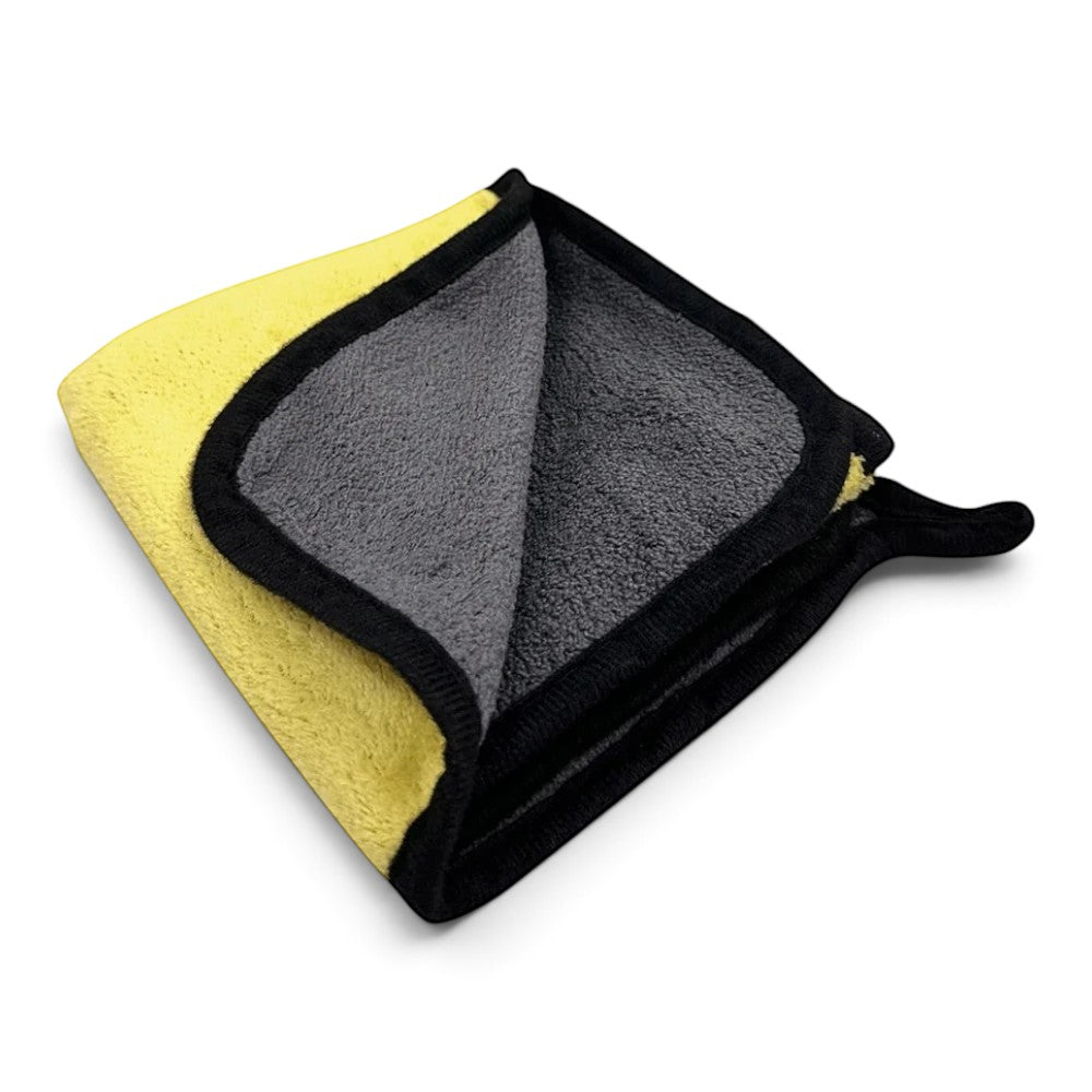 zero2cart yellow and grey microfiber cleaning towel with black stitched edges for car and household surface care