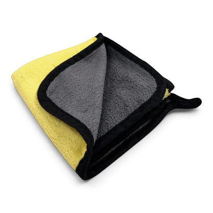 zero2cart yellow and grey microfiber cleaning towel with black stitched edges for car and household surface care