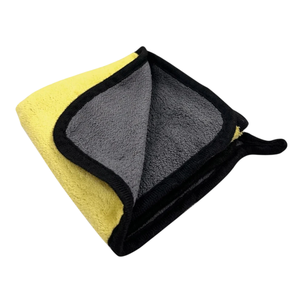 zero2cart yellow and grey microfiber cleaning towel with black stitched edges for car and household surface care