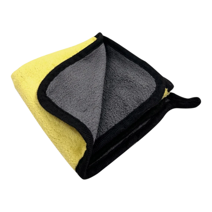 zero2cart yellow and grey microfiber cleaning towel with black stitched edges for car and household surface care