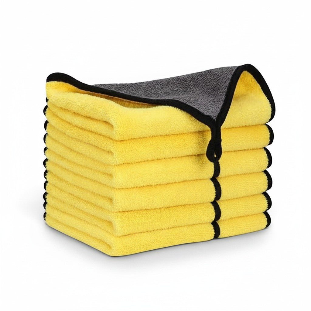 zero2cart stack of yellow and grey microfiber cleaning towels with black trim for car and household use
