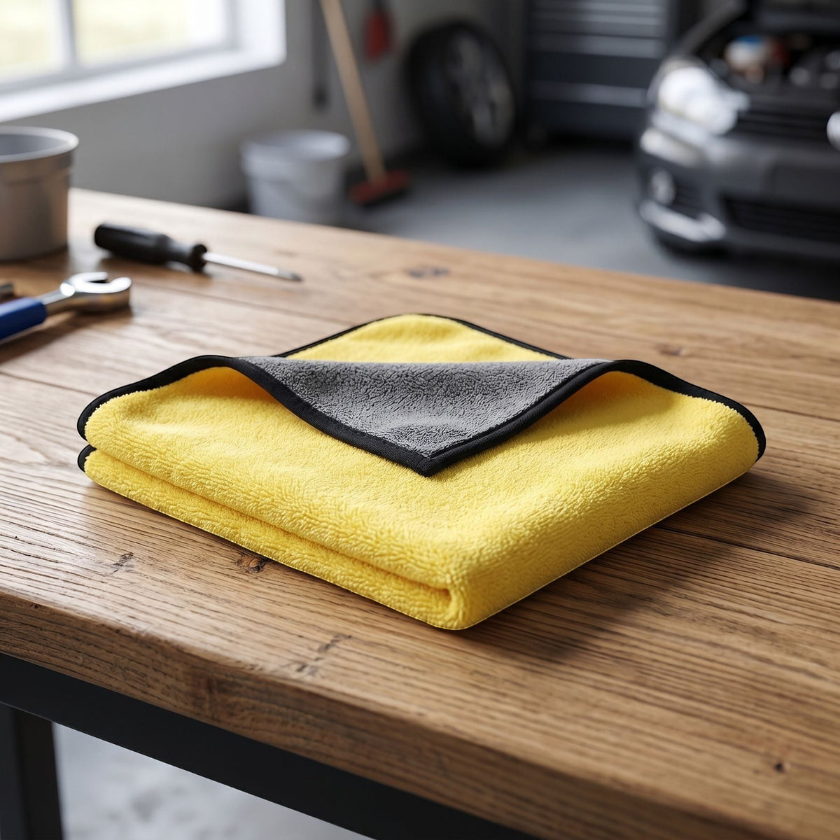 zero2cart yellow and grey microfiber cleaning towel folded on a wooden workbench in a garage setting