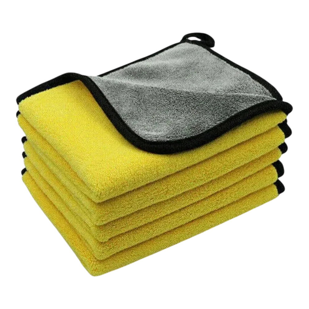 zero2cart yellow and grey microfiber cleaning towels stacked for car washing and household surface care