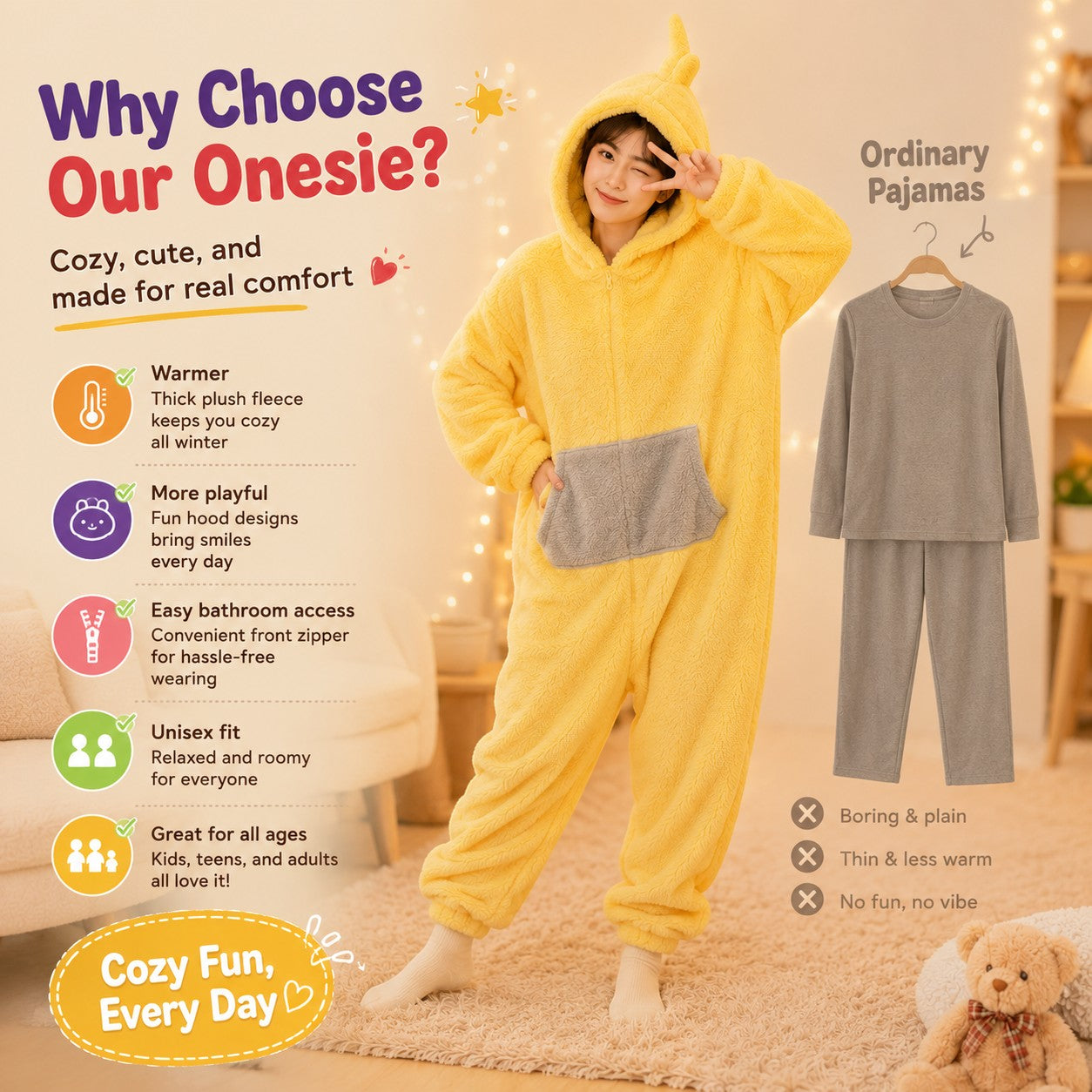 zero2cart yellow hooded character onesie pajama with front pocket worn by a woman for cozy winter loungewear