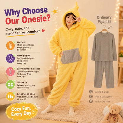 zero2cart yellow hooded character onesie pajama with front pocket worn by a woman for cozy winter loungewear
