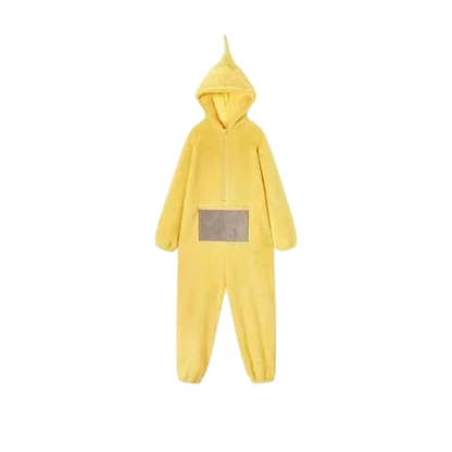 zero2cart yellow hooded character onesie pajama with a front pocket and pointed hood for cozy winter loungewear.