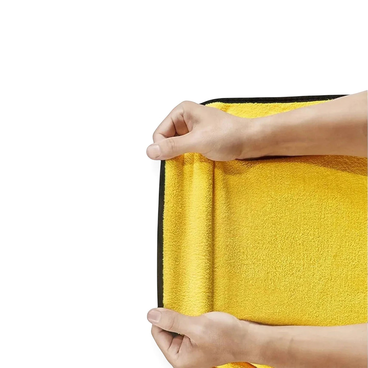 zero2cart yellow microfiber car wash towel being held to show soft texture and absorbent polyester material