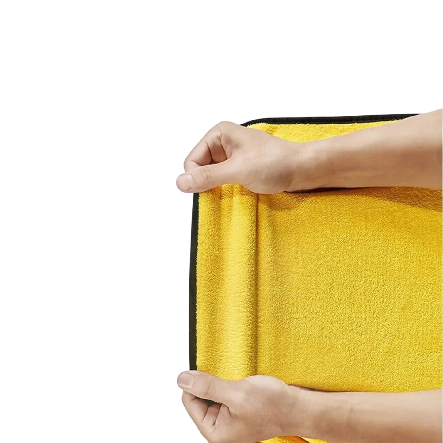 zero2cart yellow microfiber car wash towel being held to show soft texture and absorbent polyester material
