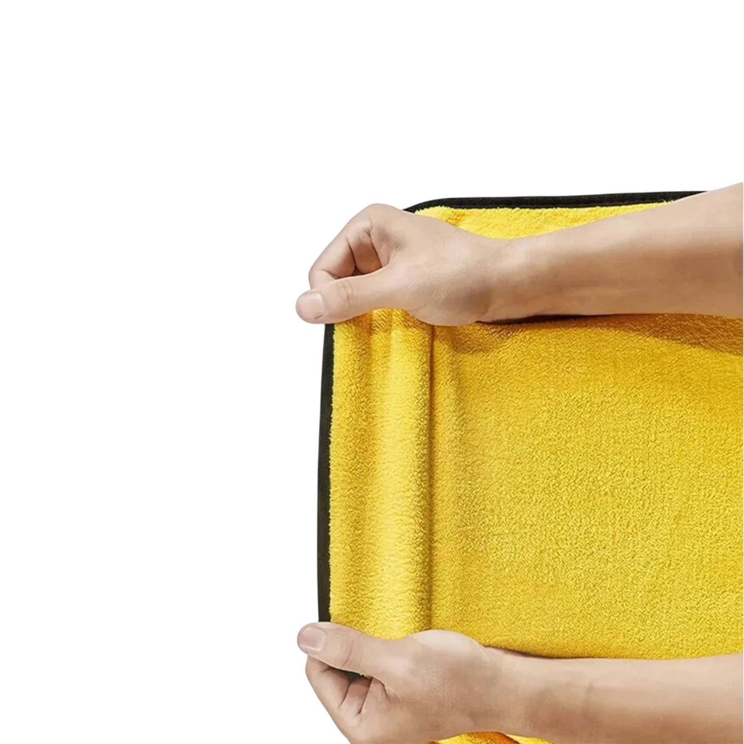 zero2cart yellow microfiber car wash towel being held to show soft texture and absorbent polyester material