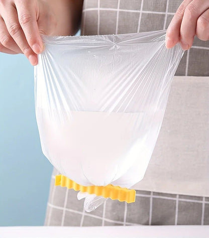zero2cart yellow plastic bag sealing clip securing a clear plastic bag for kitchen organization