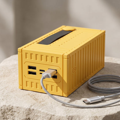 zero2cart yellow high-capacity portable power bank with a rugged container-style design and multiple USB charging ports.
