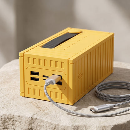zero2cart yellow high-capacity portable power bank with a rugged container-style design and multiple USB charging ports.