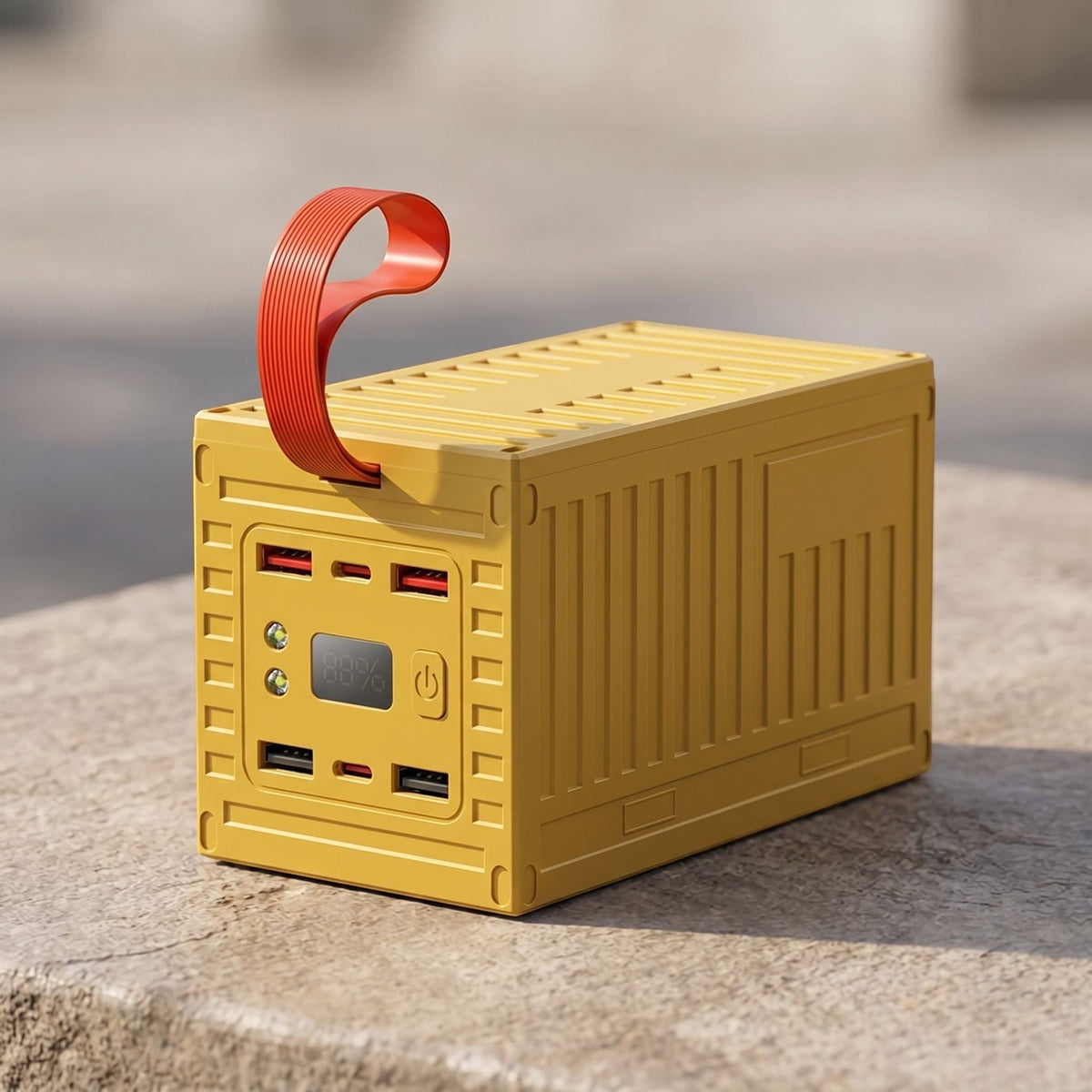 zero2cart 60000mAh portable power bank in metal yellow with a red carry handle, digital display, and multiple ports.