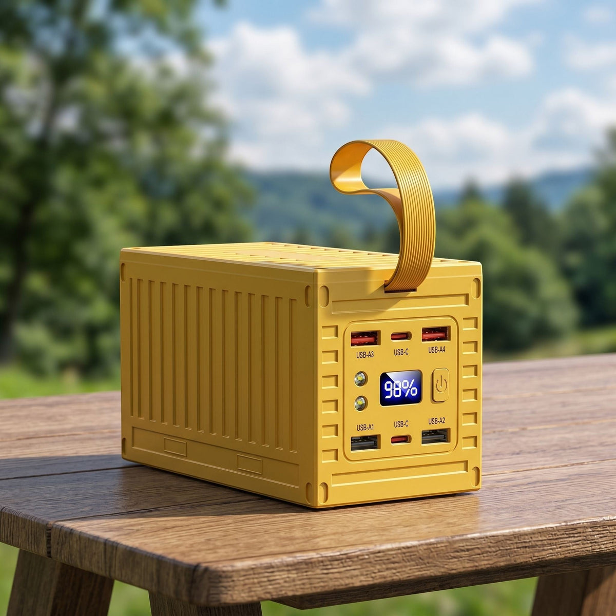 zero2cart 60000mAh portable power bank in metal yellow with digital display, multiple USB ports, and carry handle.