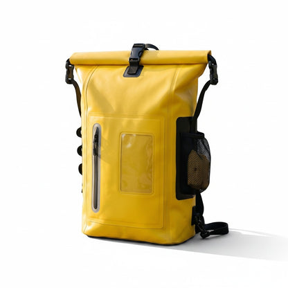 zero2cart 30L yellow waterproof PVC dry bag backpack with roll-top closure, clear phone pocket, and side mesh pocket.