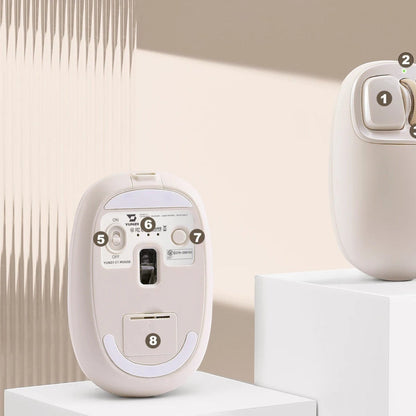 zero2cart YUNZII C1 beige silicone wireless mouse showing the underside sensor, power switch, and storage slot