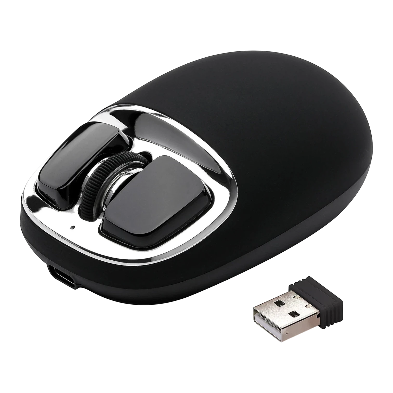 zero2cart YUNZII C1 black silicone wireless mouse with a sleek chrome accent and USB receiver on a black background