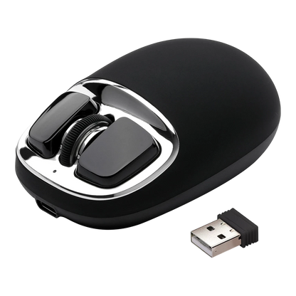 zero2cart YUNZII C1 black silicone wireless mouse with a sleek chrome accent and USB receiver on a black background