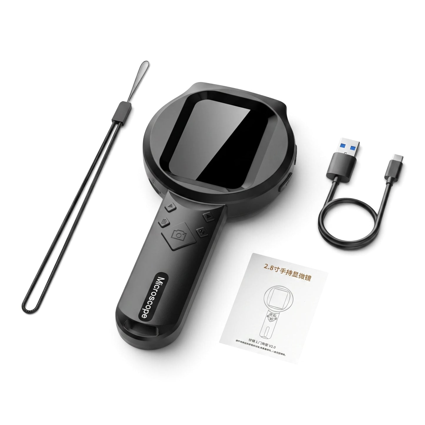 zero2cart ZoomView handheld digital microscope with 2.8-inch screen, USB-C cable, and wrist strap on black background.