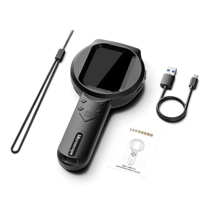 zero2cart ZoomView handheld digital microscope with 2.8-inch display, USB-C cable, wrist strap, and manual.