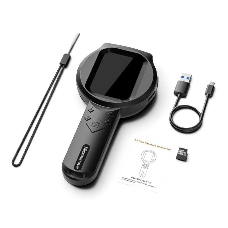 zero2cart ZoomView handheld digital microscope with 2.8-inch screen, USB-C cable, and manual on black background.