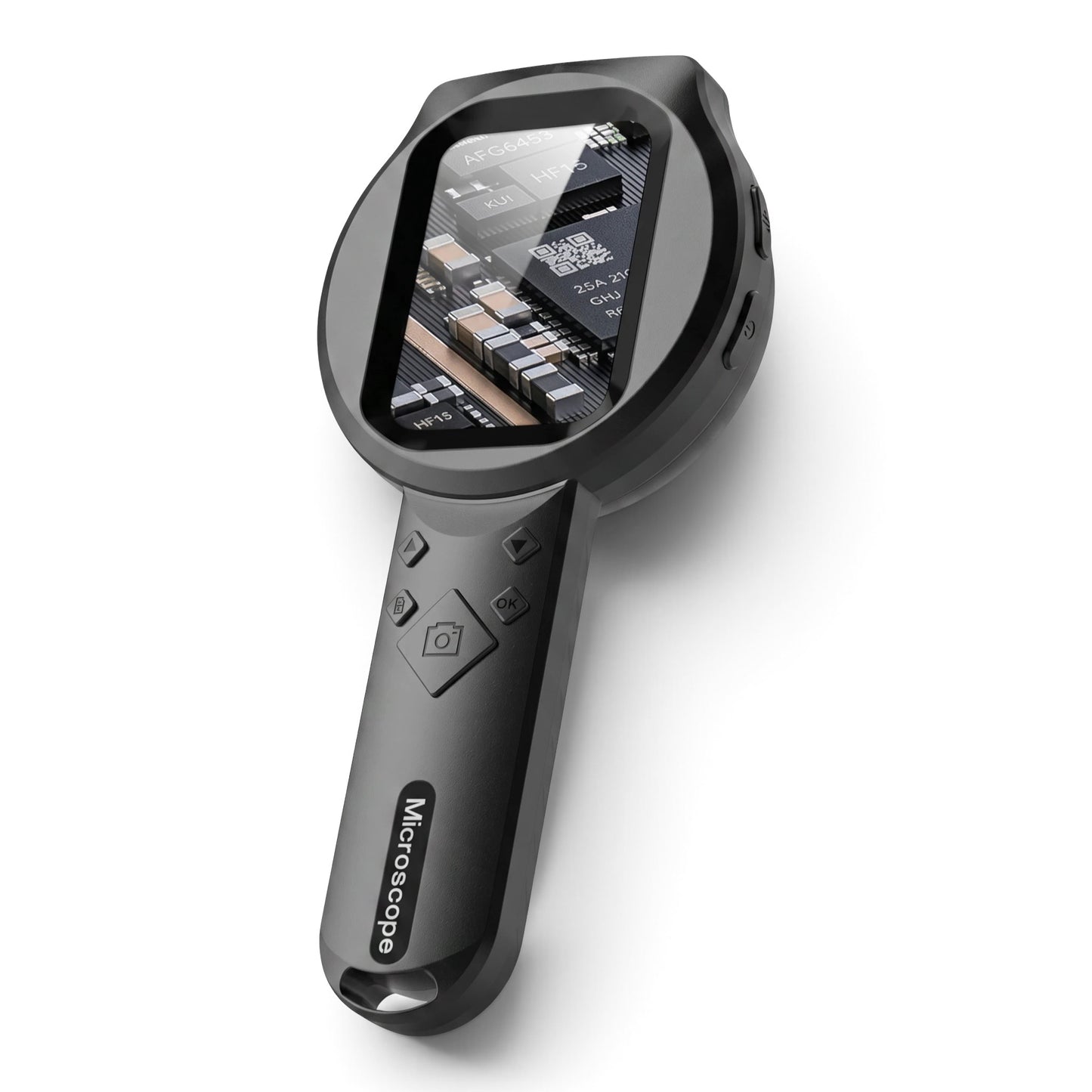 zero2cart ZoomView handheld digital microscope with 2.8-inch color screen displaying a circuit board close-up.